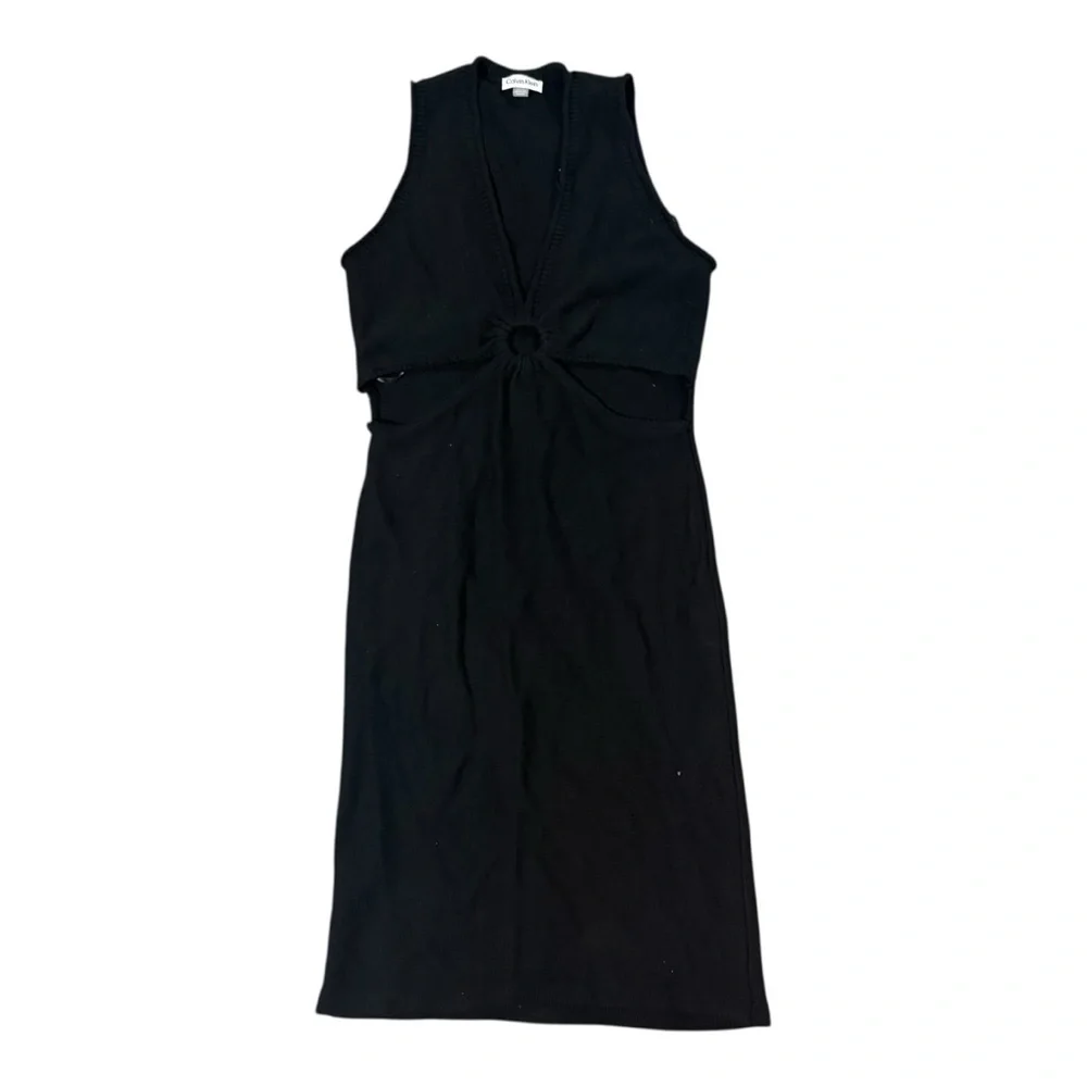 Calvin Klein Cut Out Midi Dress Ribbed Knit Sz M NEW Black 100% Cotton - Picture 2 of 5